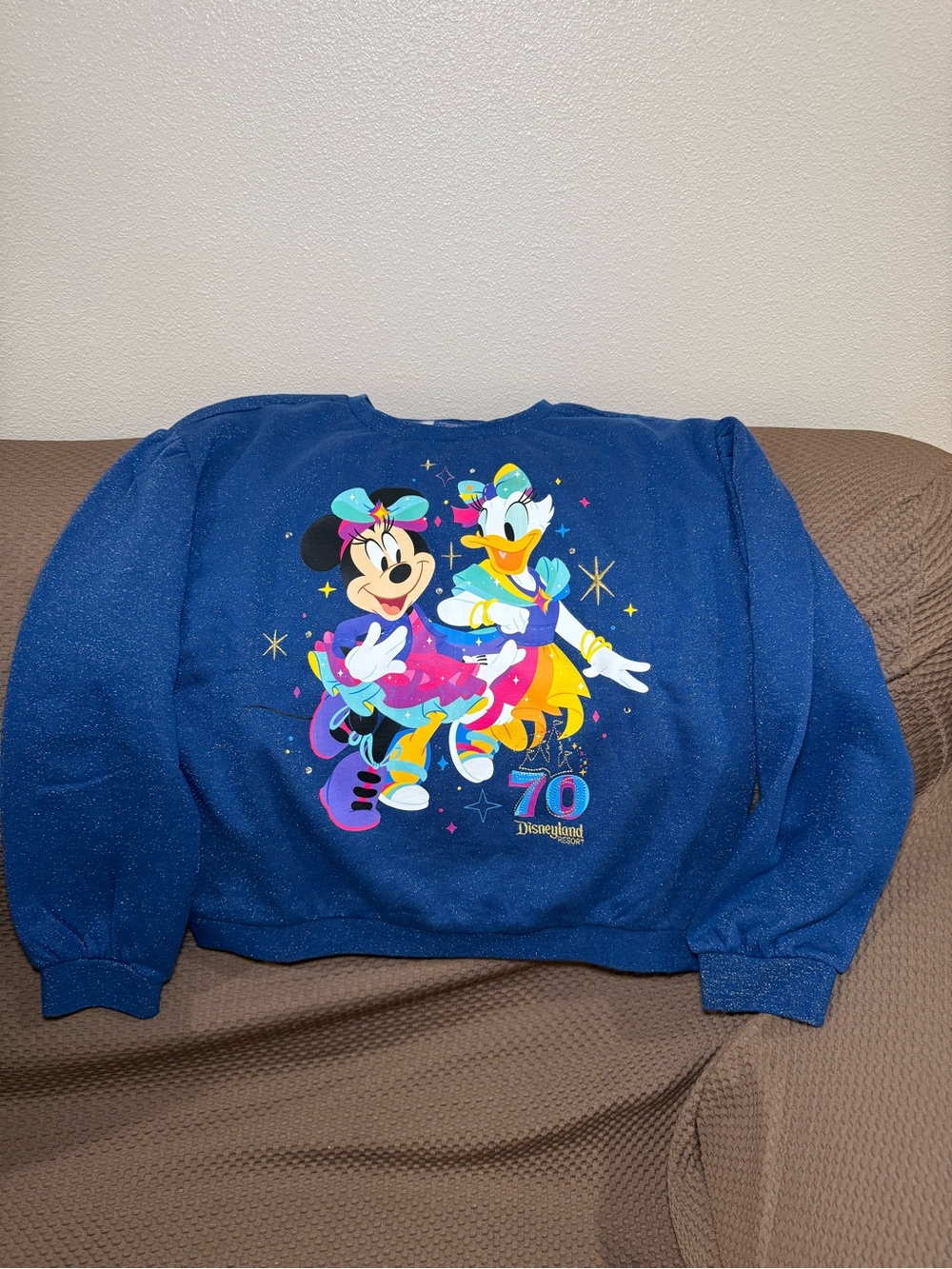 Disneyland 70th Minnie & Daisy Blue Sparkle Sweater Kids Girls 13/14 Disney NEW